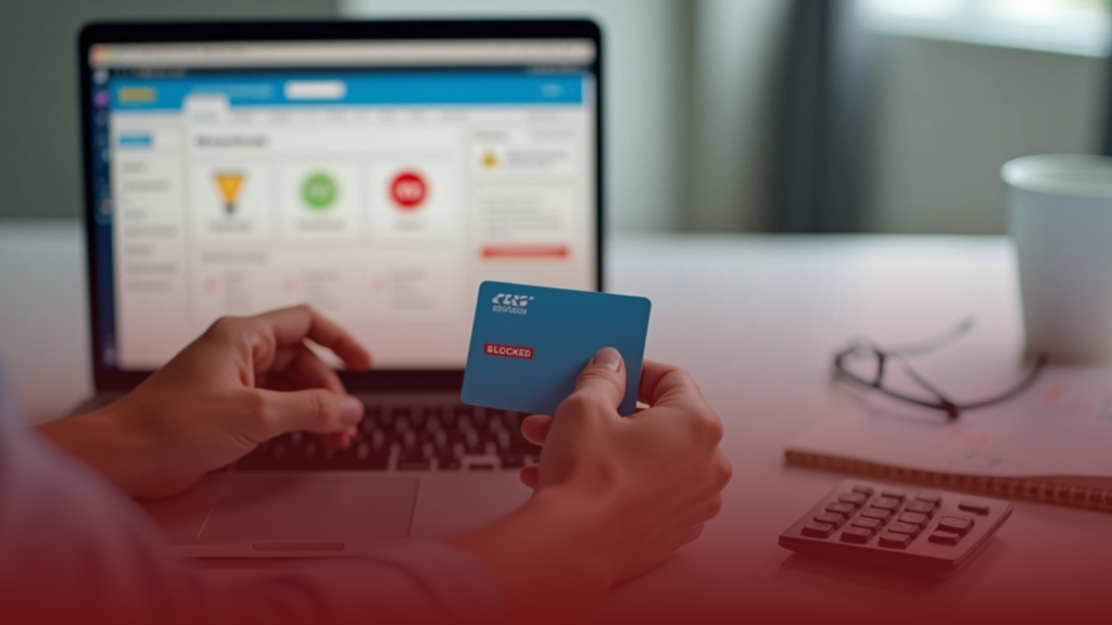 Pessoa segurando cartão de CPF bloqueado em frente a tela com site da Receita Federal