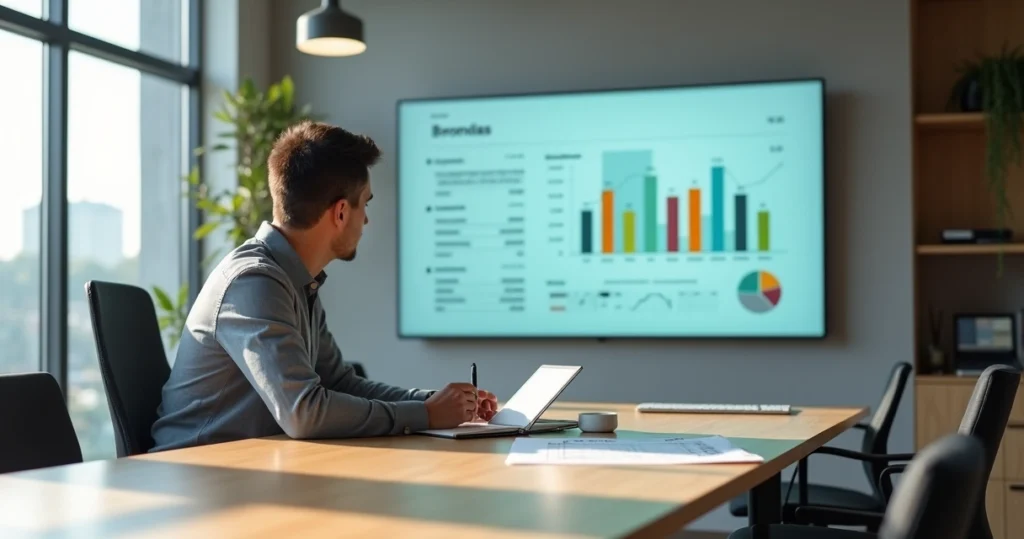 Profissional analisando painel grande com fluxo de resultados da empresa