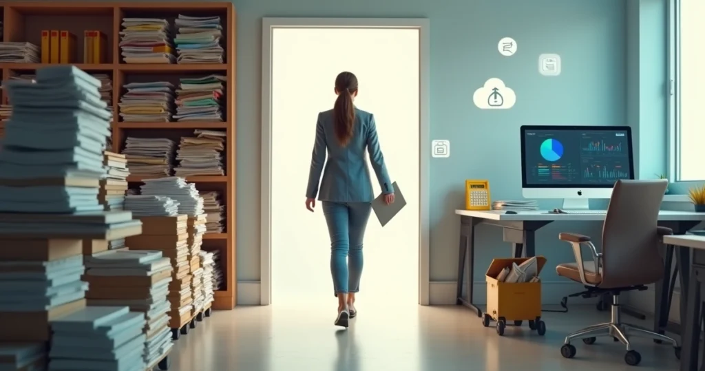 Empresária caminhando de arquivos físicos para ambiente de contabilidade digital