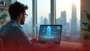 Empreendedor em escritório virtual futurista acessado pelo notebook