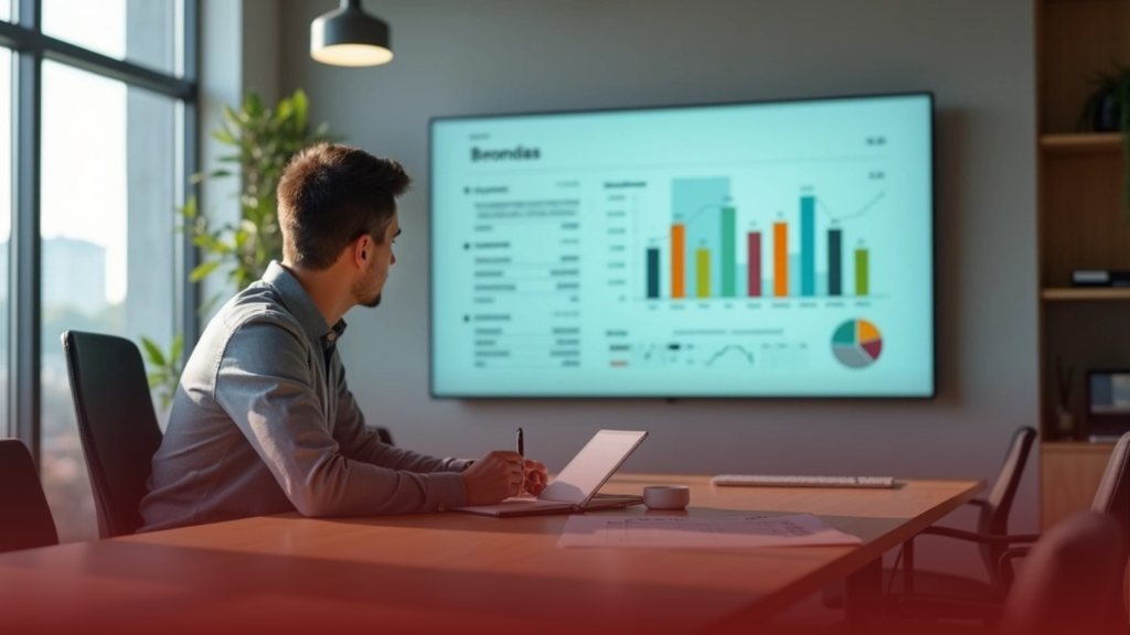 Profissional analisando painel grande com fluxo de resultados da empresa