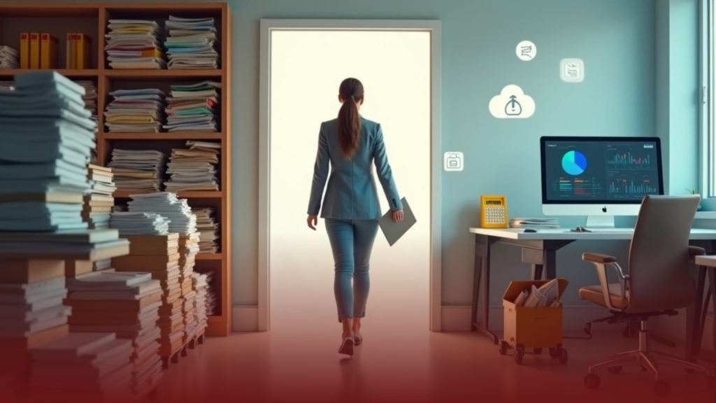Empresária caminhando de arquivos físicos para ambiente de contabilidade digital