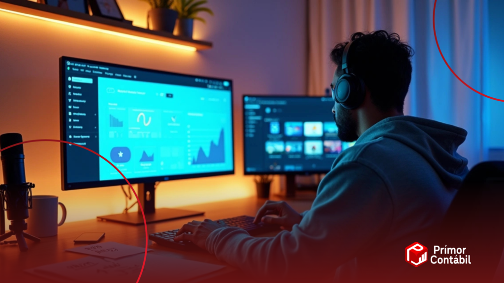 Criador de conteúdo em home office comparando opções de contabilidade digital na tela do computador