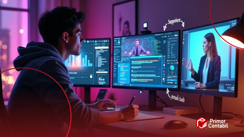 Criador de conteúdo adulto em home office conversando com consultor contábil em telão ao lado de tela com software financeiro