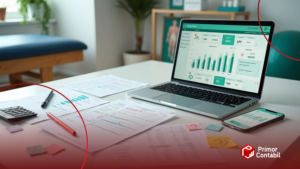 Mesa de clínica com planilha em papel de um lado e plataforma financeira em laptop do outro lado