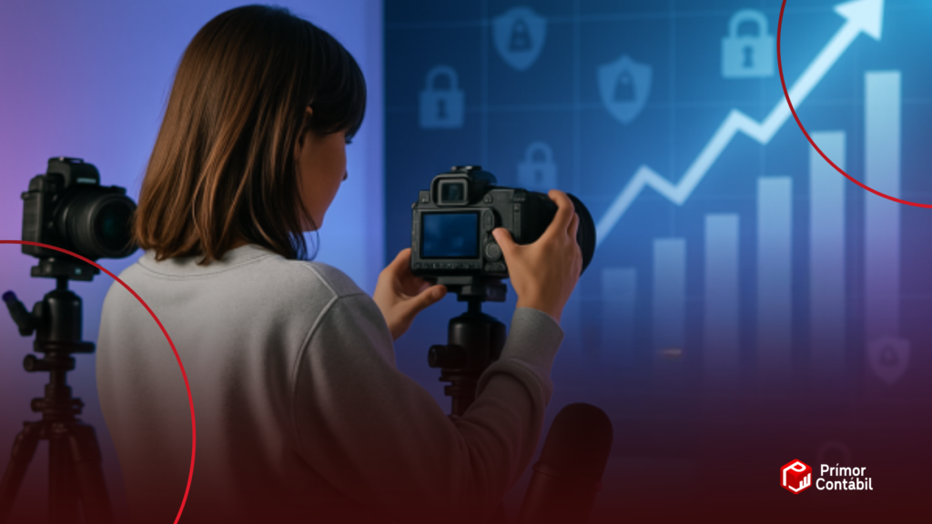 Criador de conteúdo digital analisando quadro branco com planejamento tributário