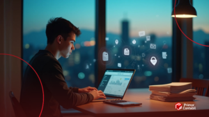 Criador digital anônimo revendo impostos de ganhos online em notebook com foco em privacidade