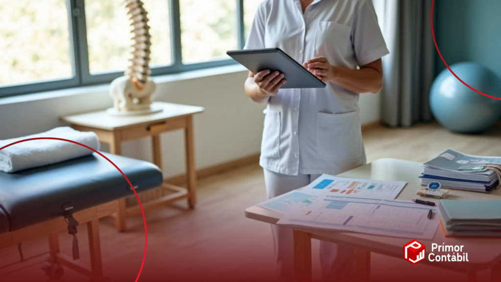 Fisioterapeuta em consultório analisando plano financeiro em tablet