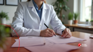 Fisioterapeuta analisando gráficos financeiros ao lado de maca de atendimento