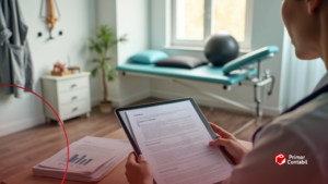 Fisioterapeuta em clínica revisando documentos para abrir empresa