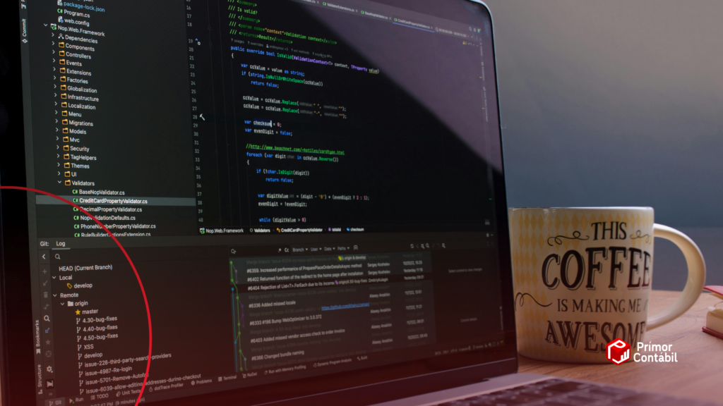 Programador em escritório moderno analisando gráficos fiscais no notebook