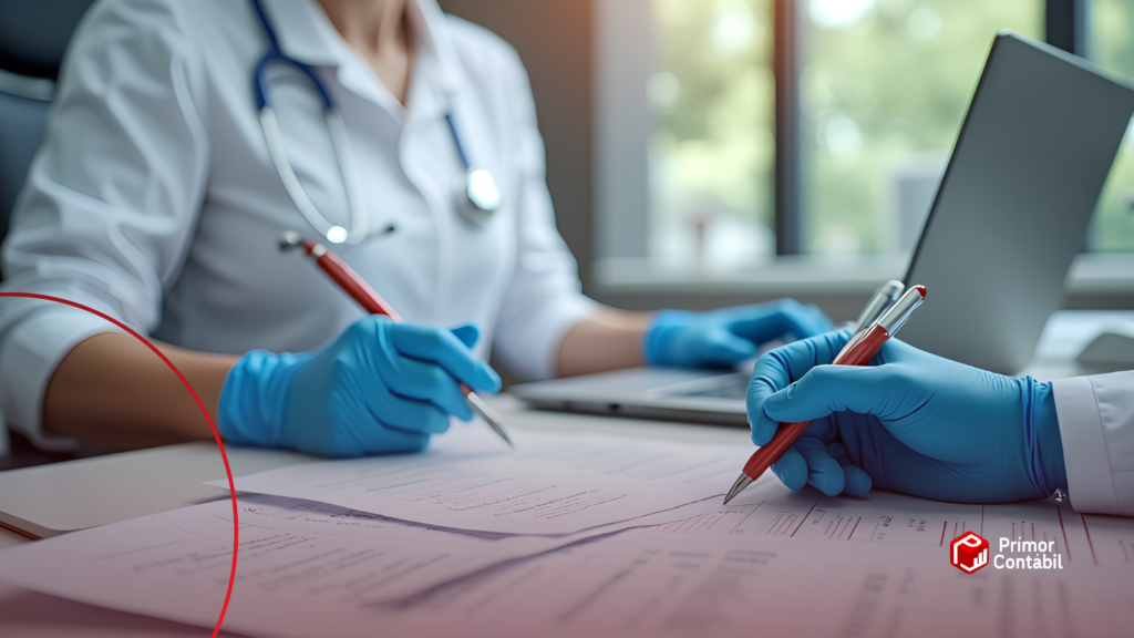 Dentista em consultório analisando tablet com gráficos financeiros