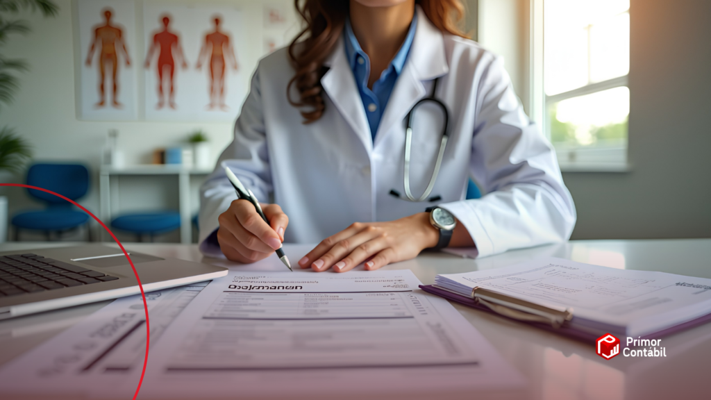 Fisioterapeuta em consultório conversando com contador em chamada de vídeo em tablet