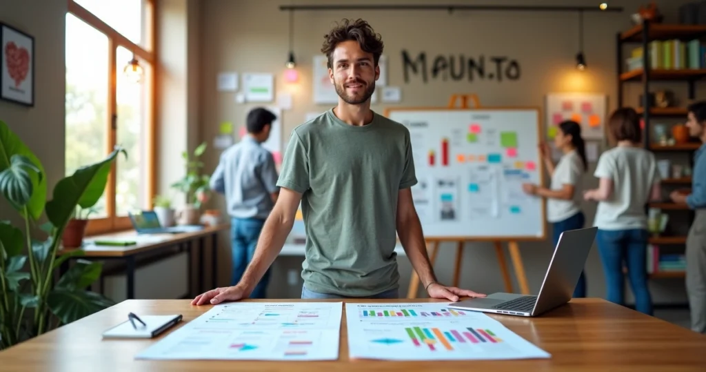 Empreendedor de marketing digital planejando abertura de agência em ambiente criativo