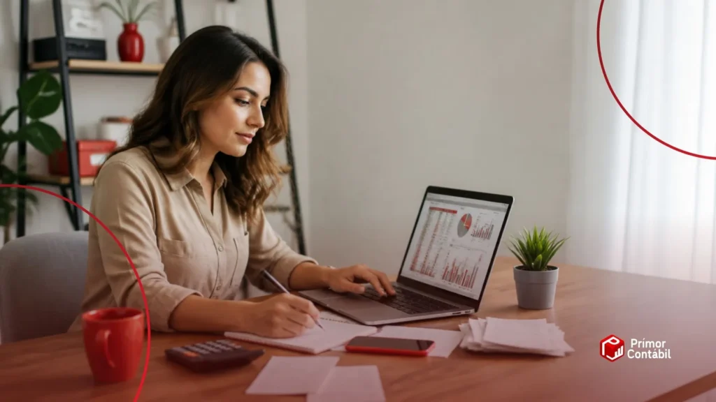 Criadora de conteúdo analisando planilhas e recibos no notebook para organizar impostos