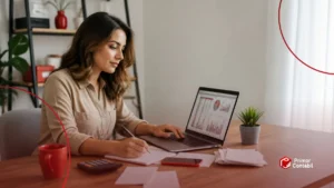 Criadora de conteúdo analisando planilhas e recibos no notebook para organizar impostos