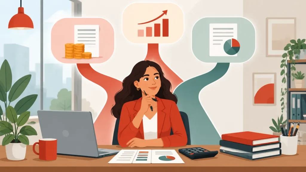 Empreendedora comparando opções de tributação da empresa com calculadora e planilha
