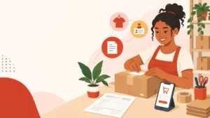 Empreendedora preparando uma venda online com pacote e documento fiscal ilustrativo