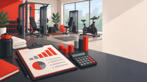 Ilustração de uma academia com equipamentos e itens de planejamento financeiro, representando os impactos tributários no negócio.