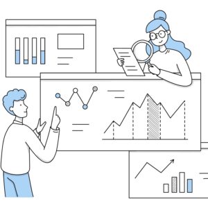 People research data analytics, doodle icons People research analytics on dashboard with graphs and charts. Vector doodle icons of statistic analysis, work with database and information report with diagrams and magnifying glass