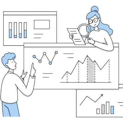 People research data analytics, doodle icons People research analytics on dashboard with graphs and charts. Vector doodle icons of statistic analysis, work with database and information report with diagrams and magnifying glass